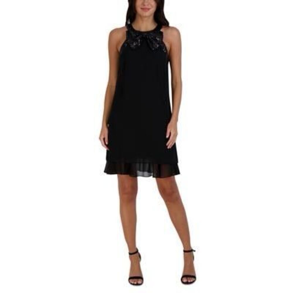 Adrianna‎ Papell Chiffon-Overlay a-Line Dress - Black Size S
